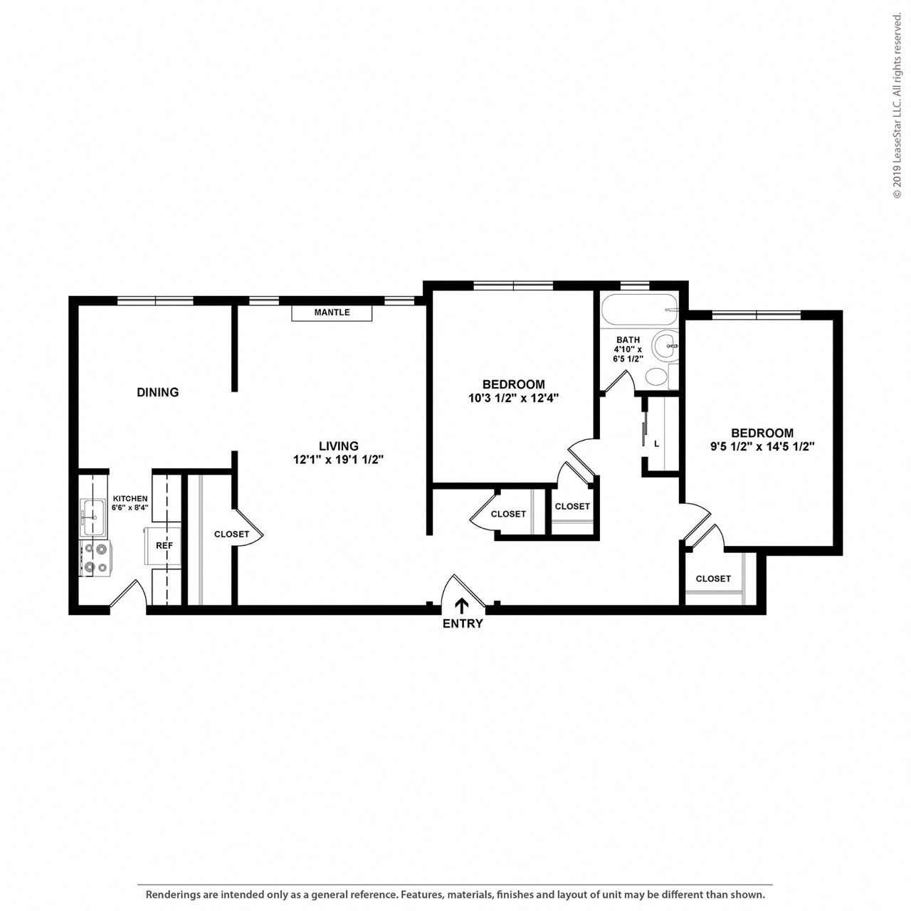 Floor plan for 2 beds, 1 bath, 975 sqft